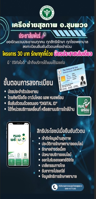 แจ้งประชาสัมพันธ์การลงทะเบียน health ID ๓๐ บาทพลัส บัตรประชาชนใบเดียวรักษาฟรีทุกที่